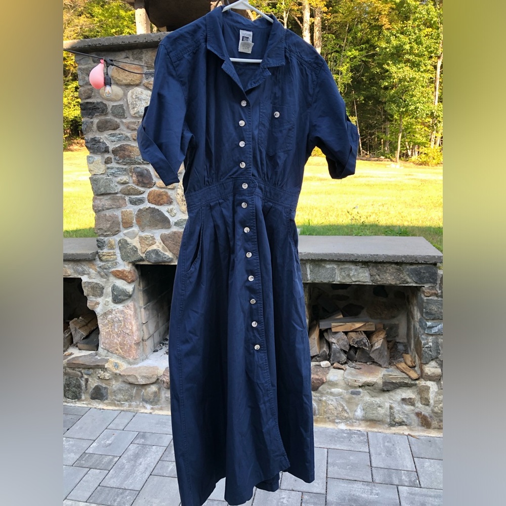 Vintage Navy Cotton Button Front Shirt Dress